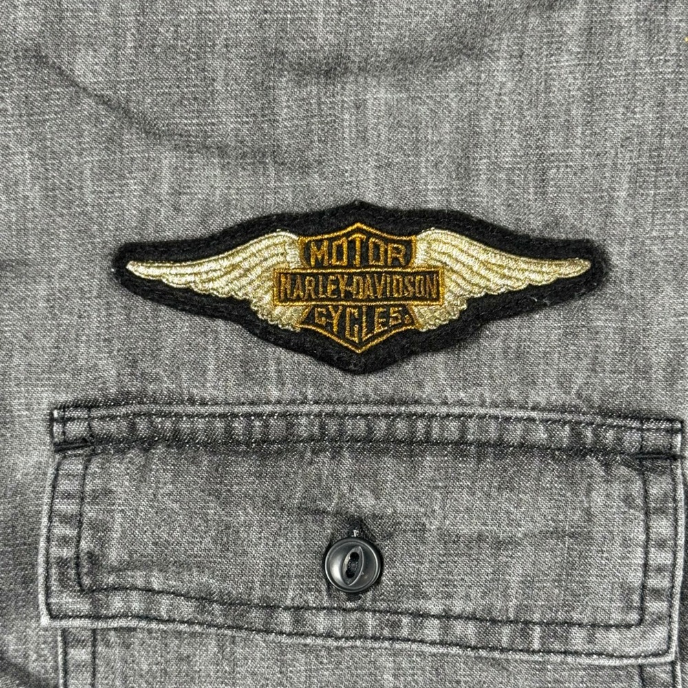 Harley-Davidson Mens 3XL Gray Cotton Long Sleeve Button Down Wing Patch Shirt - Picture 6 of 11